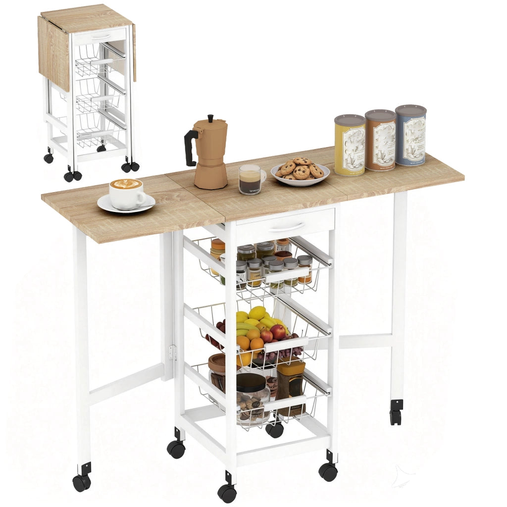 Carrello da cucina pieghevole con cassetto e cestini ¨C zephmum ¨C 97.2x37x77.5 cm bianco e rovere