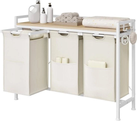 Asciugamani con 3 asciugacapelli - Asciugamani estensibili - Cassetto in metallo e lama in legno - Per bagno, cameretta o stanza da bagno - Bianco - Moderno e spazievitore