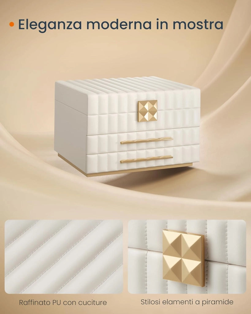 ANAH Collezione - Scatola Portagioie 3 Ripiani con Specchio, Porta Gioielli, 2 Cassetti, PU con Cucitura, Effetto Fluttuante, 21,5 x 24 x 15,8 cm, Idea Regalo, Bianco Nuvola JBC183W01