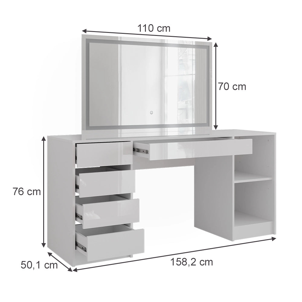Vicco Tavolo da toeletta Bianco/bianco lucido 158.2 cm con specchio LED