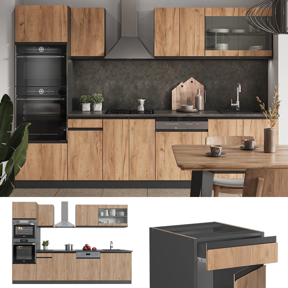 Cucina componibile R-Line Rovere dorato/Antracite 300 cm J-Shape con armadio alto, PL Rovere Vicco
