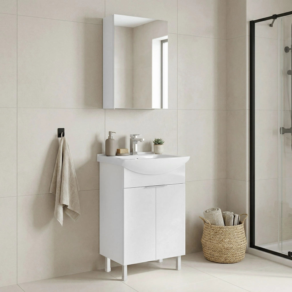 Set mobile lavabo con specchio (2 pezzi) "Purus 55" - 55 x 50 x 83 cm - Bianco