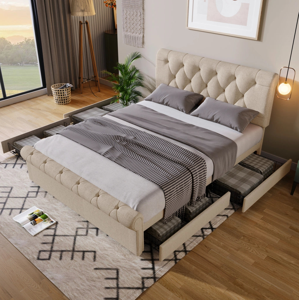 Letto matrimoniale 140x200 cm con 4 cassetti e testiera regolabile; naturale