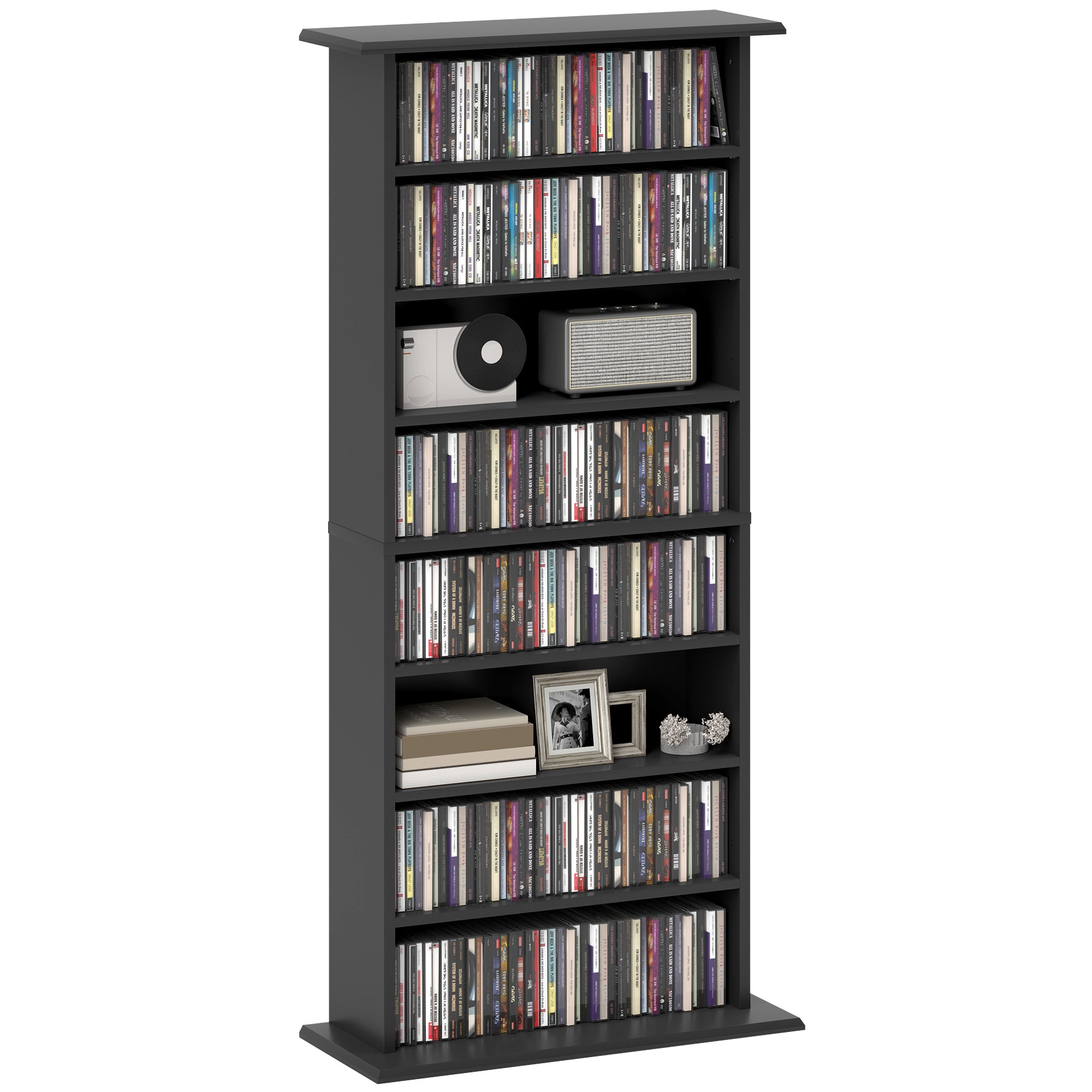 Libreria Porta CD e DVD 58x24x124,5 cm con 6 Ripiani Regolabili Nero