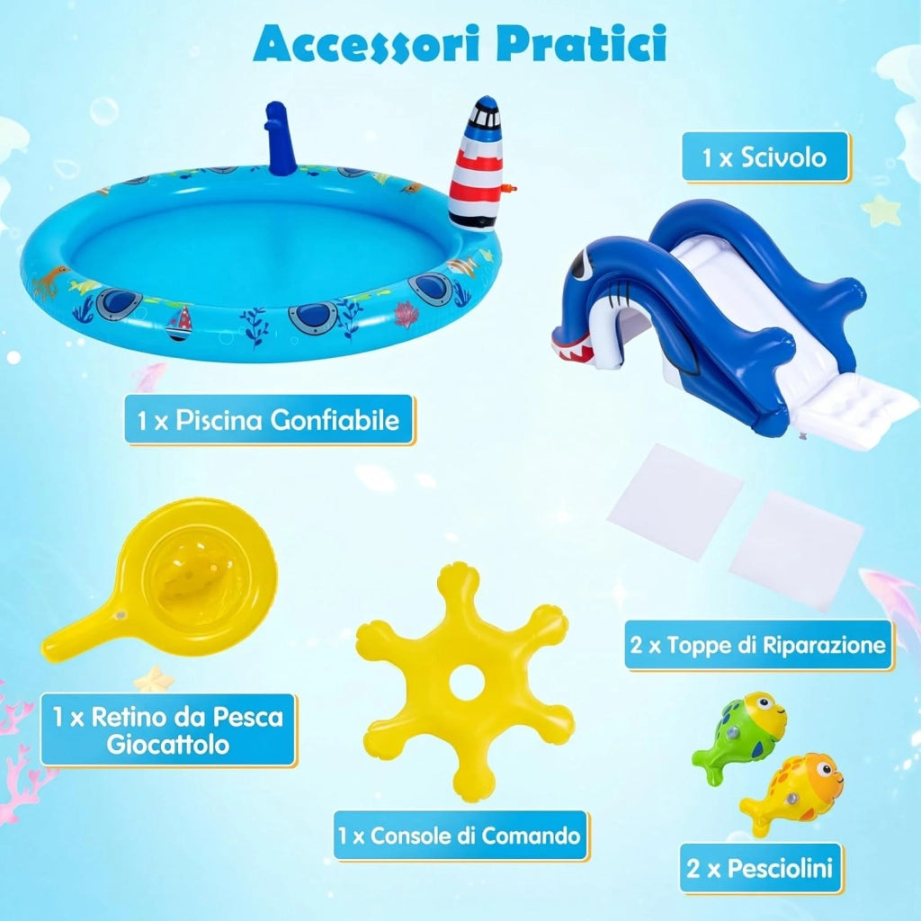 Piscina Gonfiabile per Bambini, Piscinetta Fuori Terra a Tema Marino con Spruzzo, Scivolo e 2 Pesciolini Giocattolo, Parco Gioco Acquatico Esterno per Giardino e Cortile, per Bambini 2-6 Anni