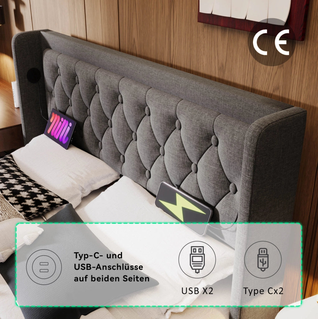 Letto matrimoniale imbottito 160x200 cm grigio in cotone con contenitore; USB e LED