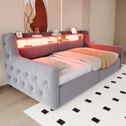Divano letto 90x200 cm; contenitore idraulico e LED; velluto grigio chiaro