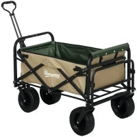 Carrello da Giardino 110L con Maniglia Telescopica e Fondo Apribile in Acciaio e Tessuto Oxford, Cachi