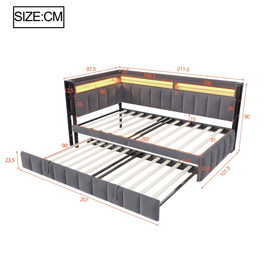 Letto estraibile singolo 90×200 cm con LED; ripiani; USB e Type-C; senza materasso; tessuto; grigio scuro