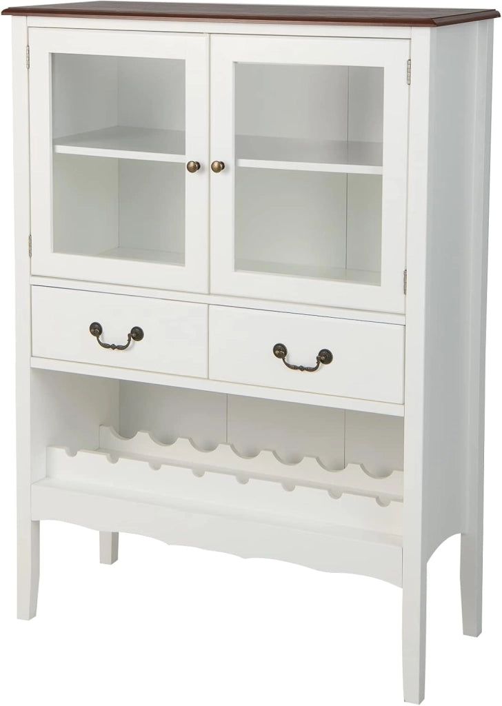 Credenza Soggiorno per Vino 8 Bottiglie, Credenza Cucina con 2 Ante in Vetro e 2 Cassetti, Mobile Ingresso, 90 x 40 x 126,5 cm, Bianco