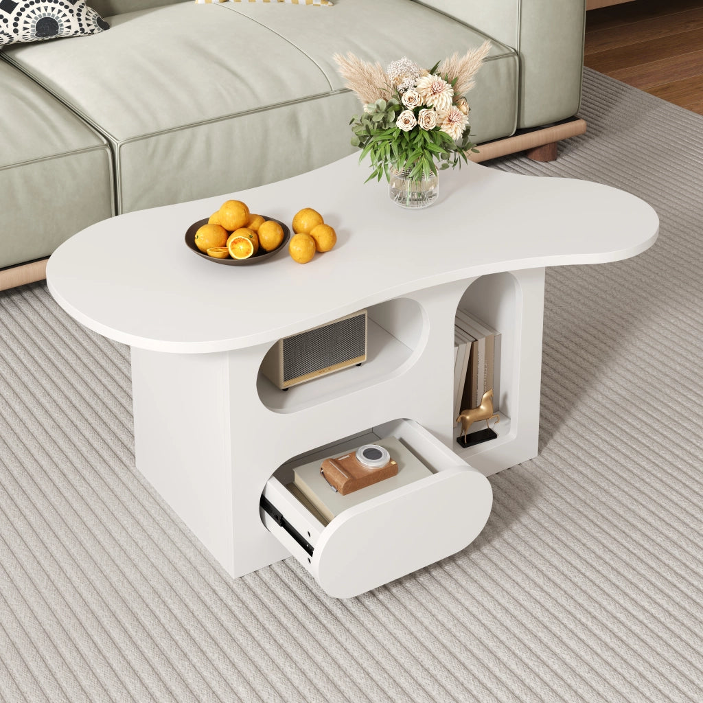 Tavolino da Caffè a Forma di Nuvola con 2 Cassetti e Vani Aperti; Bordi Arrotondati; Stile Moderno; in Pannelli di Particelle; Bianco; 97×45×43;5 cm
