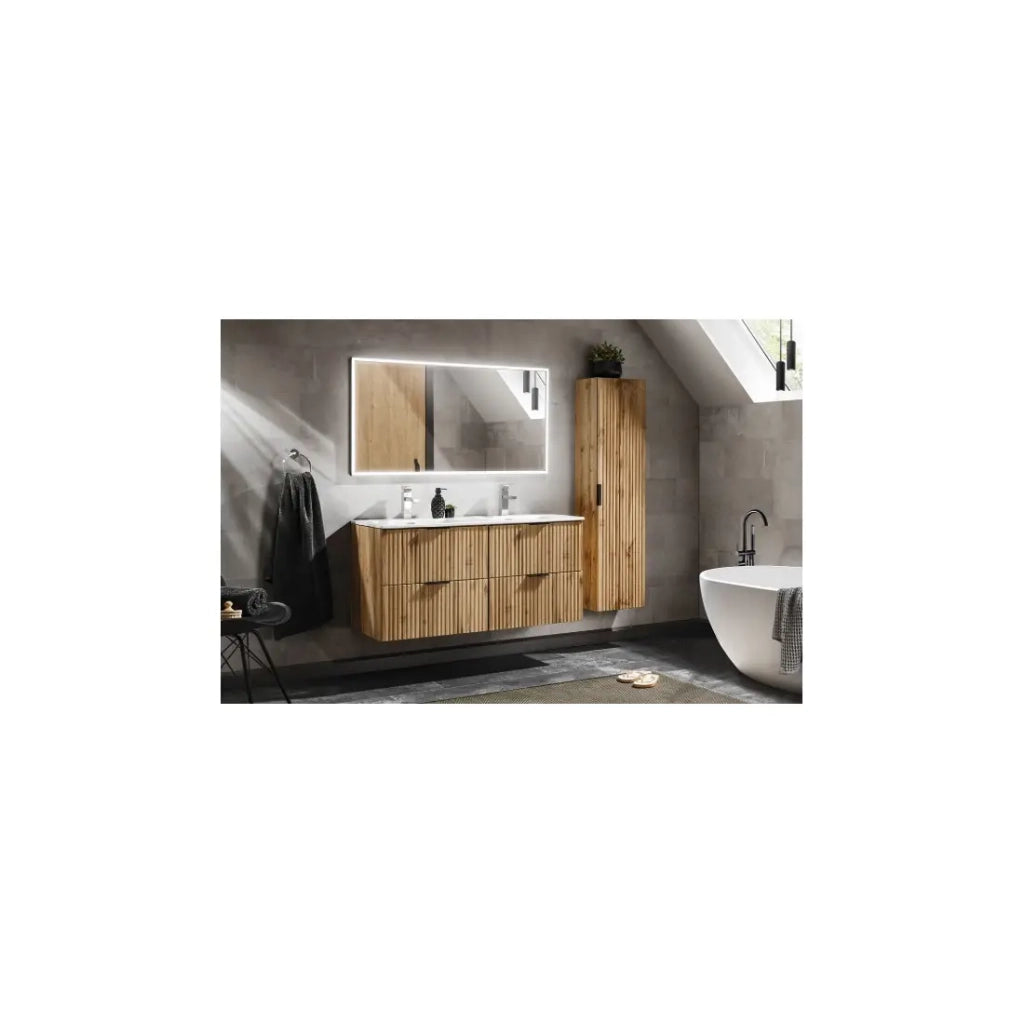 Set da bagno NOXERA 120 cm – Rovere Wotan – Doppio lavabo, colonna sospesa e specchio LED