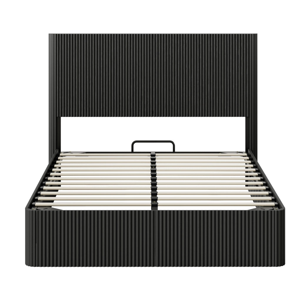 Letto 140x200 cm con contenitore e sollevamento idraulico in MDF e metallo nero