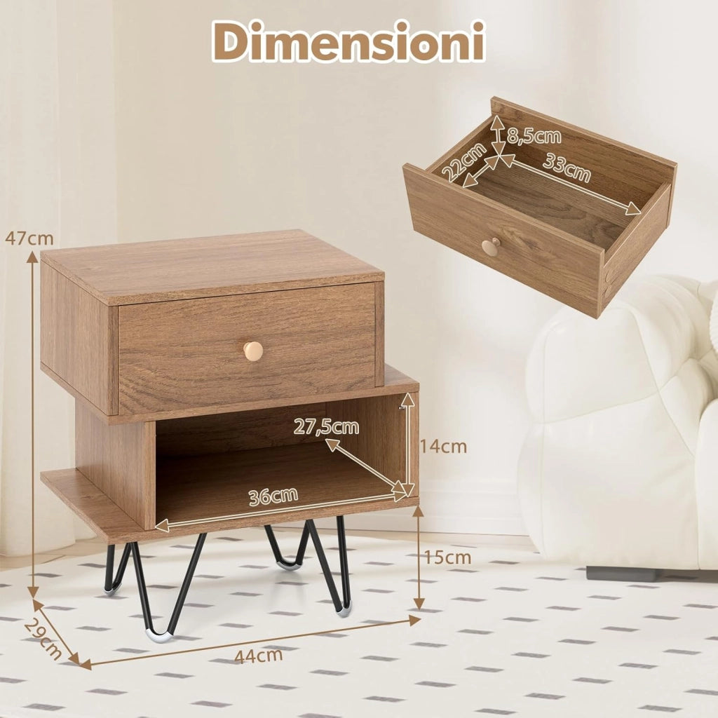 Set di 2 Comodini, Tavolino Moderno con Cassetto Rimovibile, Scomparto Aperto e Gambe in Metallo, Mobile per Camera da Letto, Soggiorno e Ufficio, Naturale