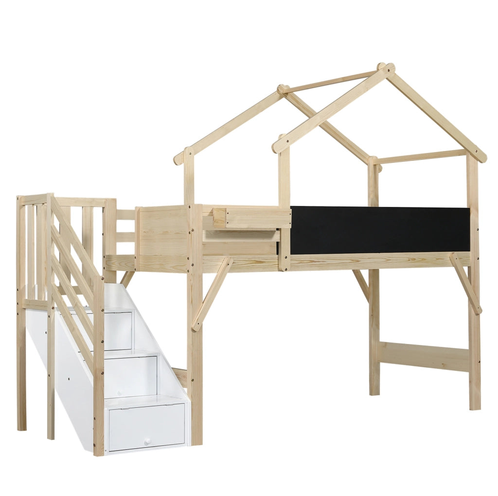 Letto a castello 90x200 cm con scala contenitore e lavagna; legno bianco e naturale