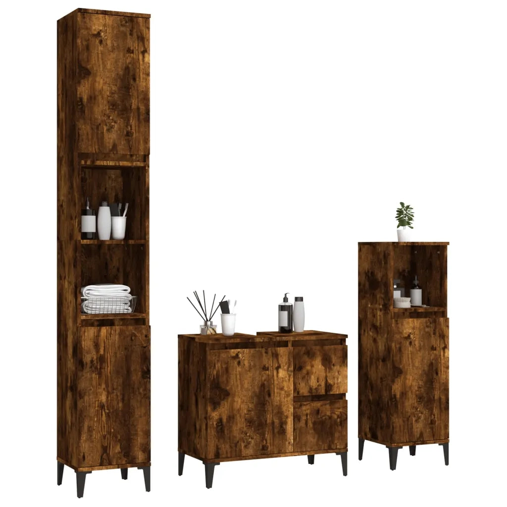 Set Mobili da Bagno 3 pz Rovere Fumo in Legno Multistrato 3185548