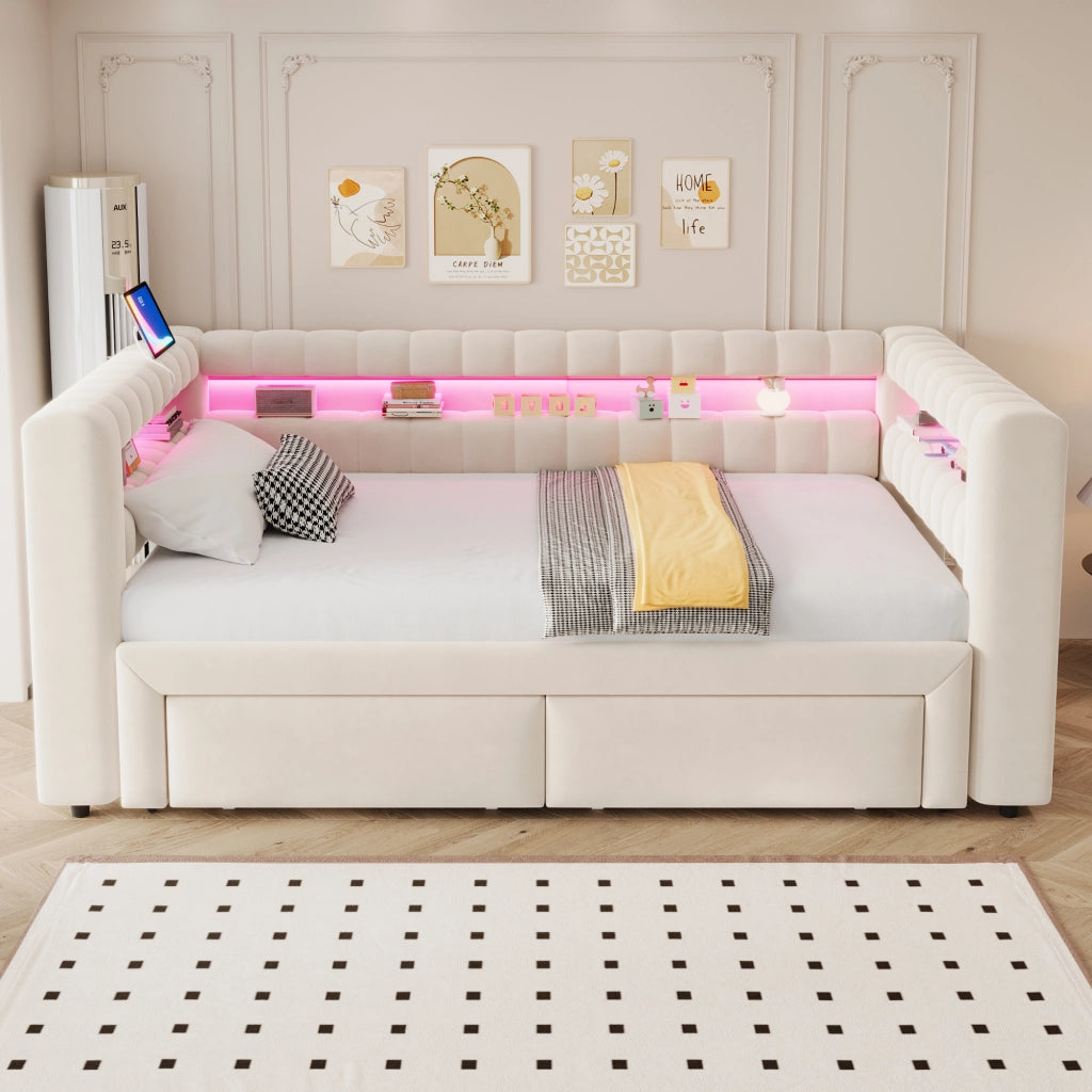 Divano letto 90x190 cm estraibile con cassetti e LED in velluto beige