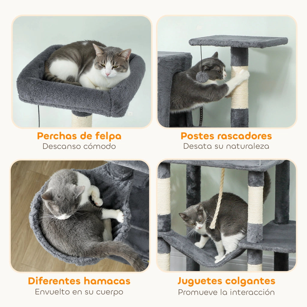 Tiragraffi per Gatti con Piattaforma, Torre e Cuscino ¨C Zephmum ¨C 60x48x202 cm Grigio