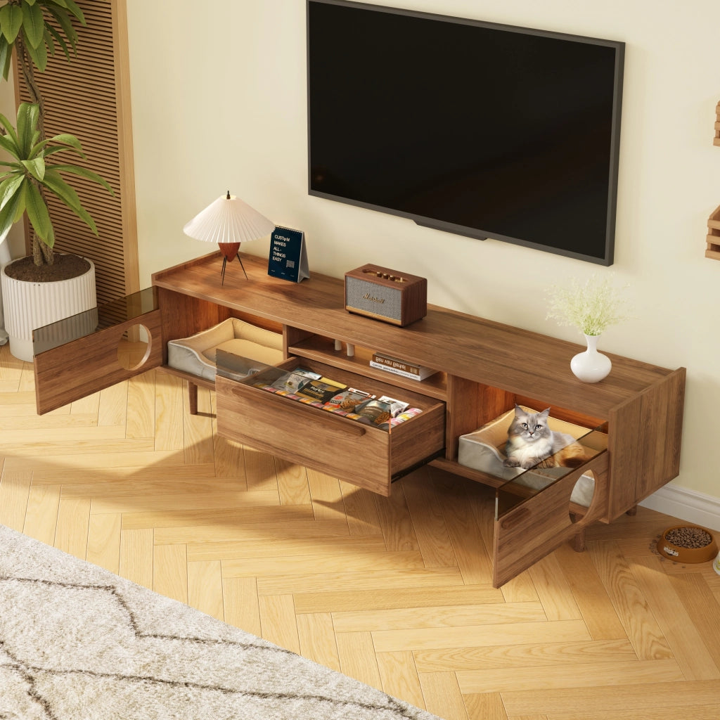 Mobile TV con 2 ante e illuminazione LED; vano per gatti - per soggiorno - 180×40×50 cm - noce