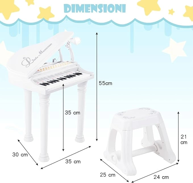 Tastiera Pianoforte a 31 Tasti con Microfono e Sgabello, Pianoforte Giocattolo Portatile con Modalità di Insegnamento a LED, Pianoforte a Coda per Bambini 3+ Anni (Bianco), 35 x 30 x 55 cm