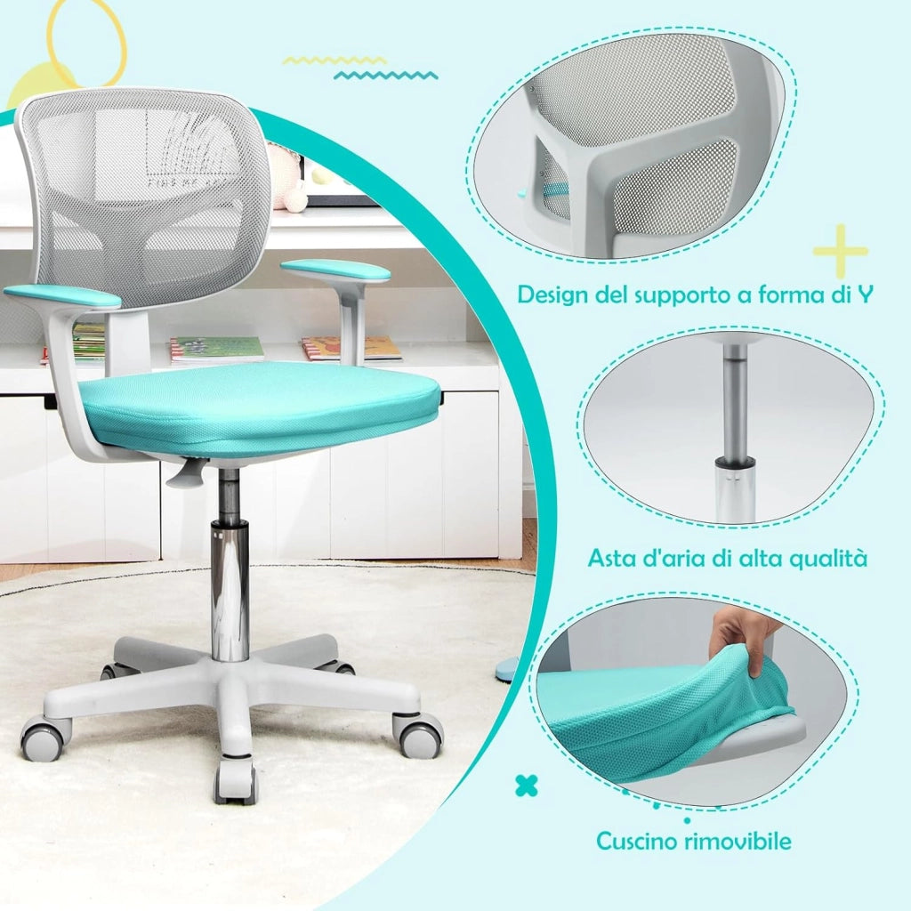 Sedia per Scrivania per Bambini, Sedia per Computer per Bambini con Altezza Regolabile, Ruote con Freni, Sedile Girevole a Rete, Sedia Ergonomica per Bambini 3-10 Anni (Menta verde)