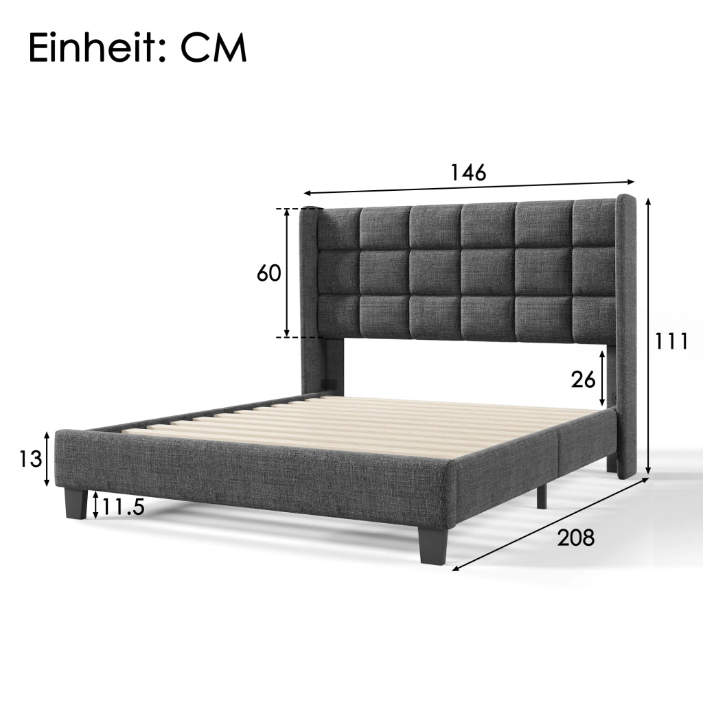 Letto matrimoniale – 140x200 cm – testiera imbottita rete – lino grigio