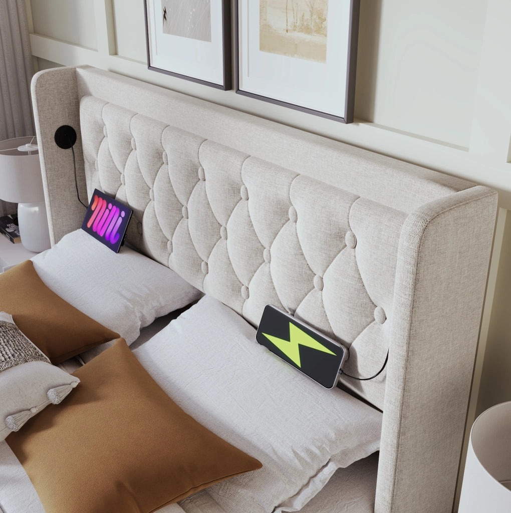 Letto matrimoniale imbottito 140x200 cm beige in cotone con contenitore; USB e LED