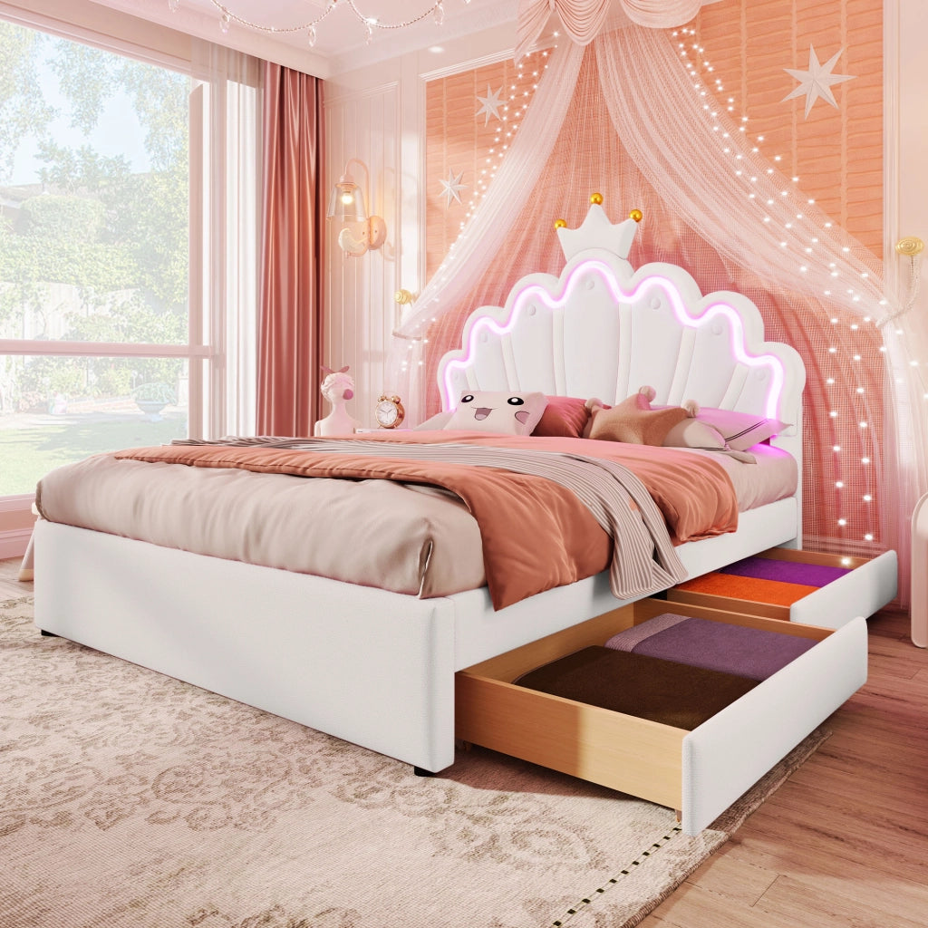 Letto con Cassetti 140 x 200 cm; Letto Matrimoniale con 2 Cassetti; Testiera Regolabile e LED; senza Materasso; PU Bianco