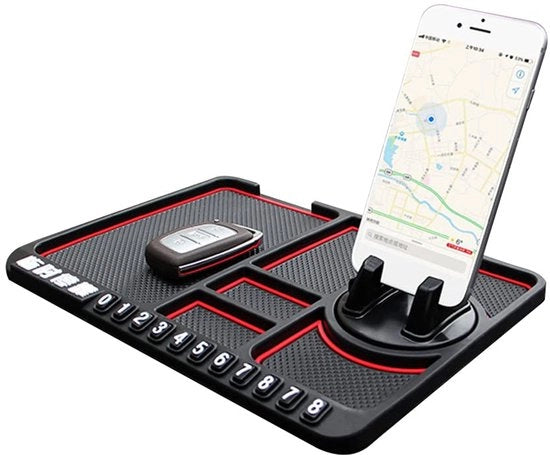 Pavimento di guida per smartphone, Matto antiscivolo multifunzionale per auto, Otrente per smartphone portatile, Targa di parcheggio temporanea, Piatto di stoccaggio per interno dell'auto