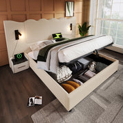 OKWISH Letto Contenitore 180×200 cm, Letto Matrimoniale con Lampada da Lettura, USB, Tipo C e Testiera Ondulata, senza Materasso, Beige