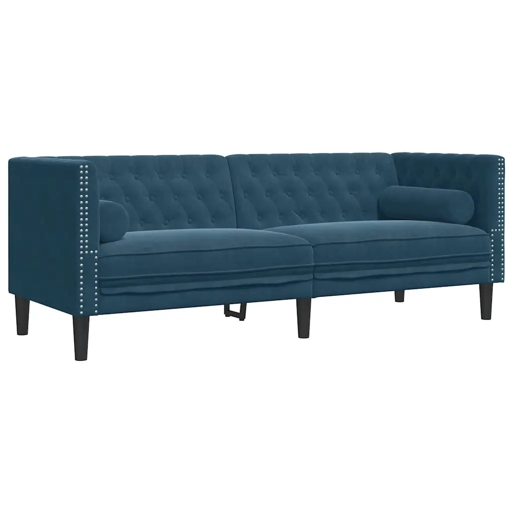 Divano Chesterfield con Rinforzi 3 Posti Blu in Velluto