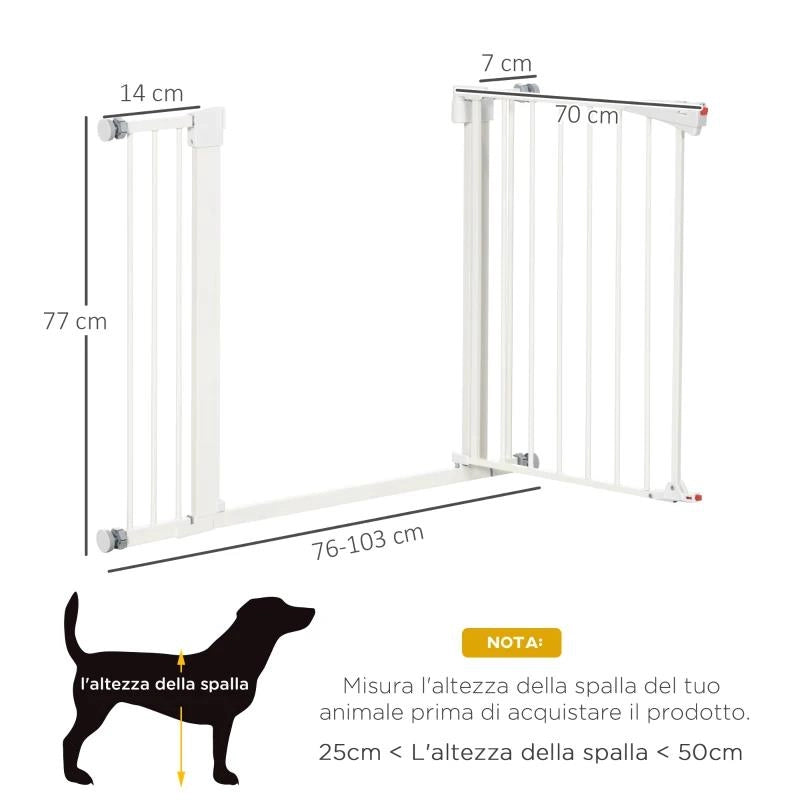 CANCELLETTO PER CANI TAGLIA PICCOLA E MEDIA CON DOPPIA SERRATURA E CHIUSURA AUTOMATICA, 76-103X4.2X77 CM, BIANCO
