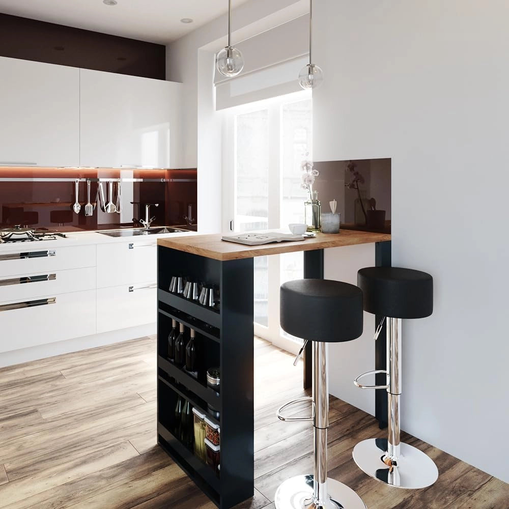 Tavolo bar alto, Rovere, 57 x 117 cm, con ripiani aperti per riporre utensili da cucina