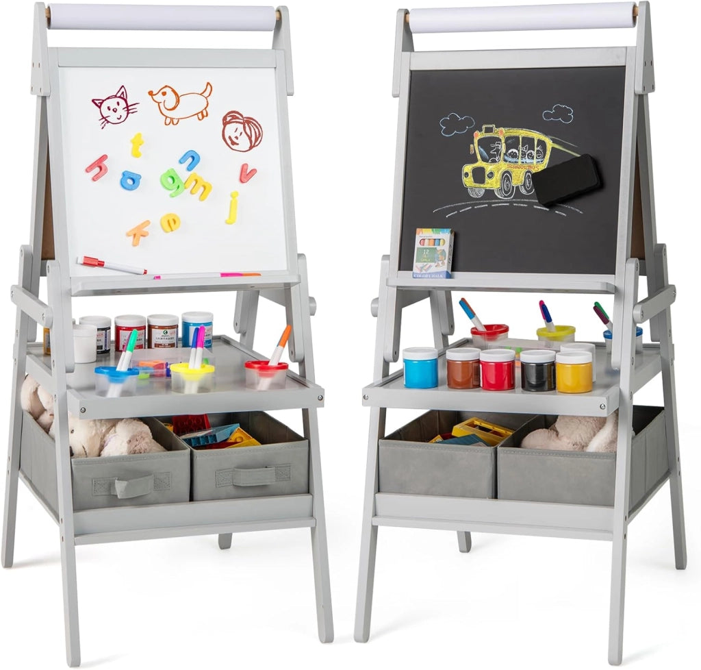 3 in 1 Cavalletto per Bambini, Cavalletto con Doppia Faccia Magnetica e Lavagna Bianca, Rotolo di Carta, 3 Bicchieri per Vernice e 2 Cestini in Tessuto, per Bambini 3-6 Anni (Rosa)