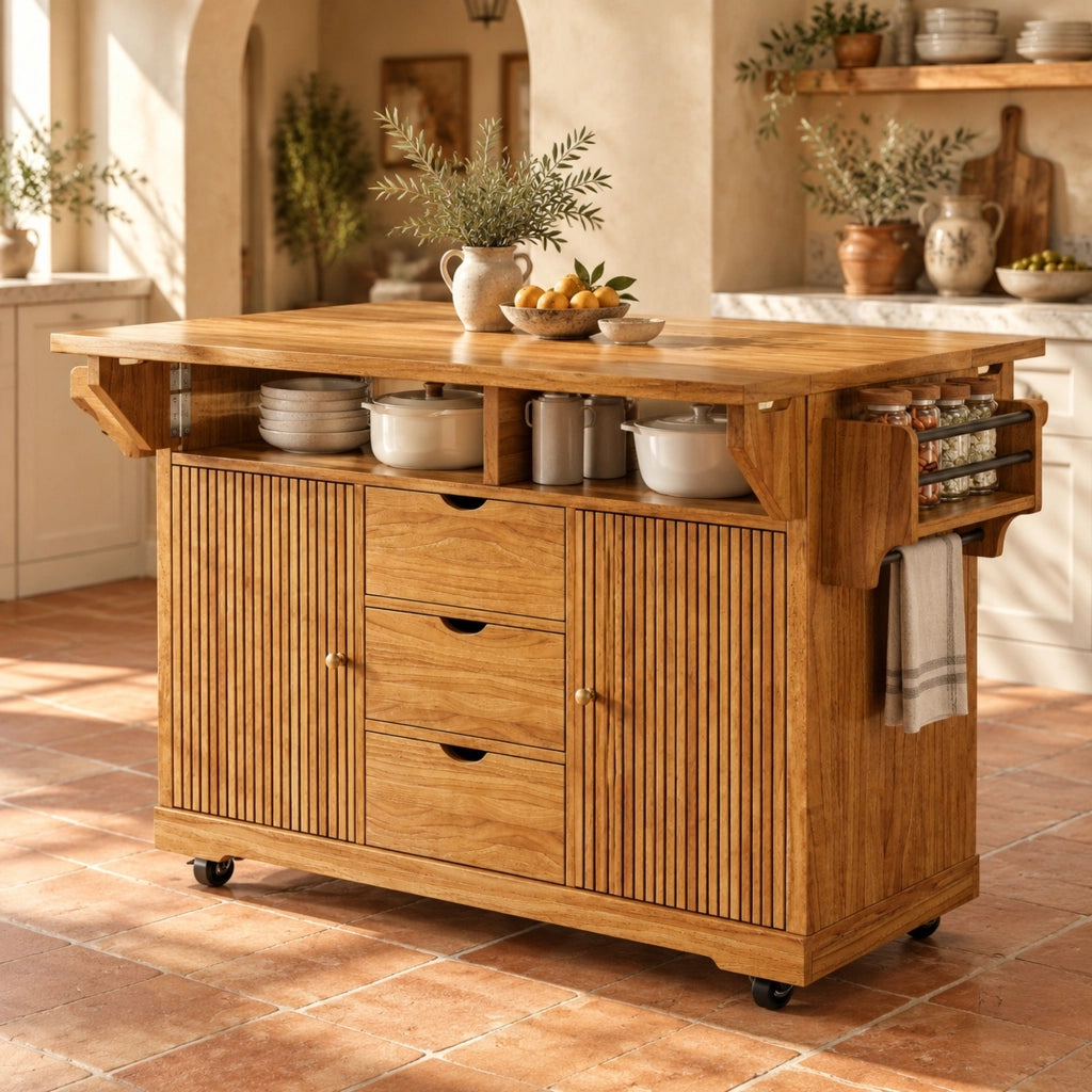 Isola cucina mobile con piani ribaltabili e 3 cassetti marrone