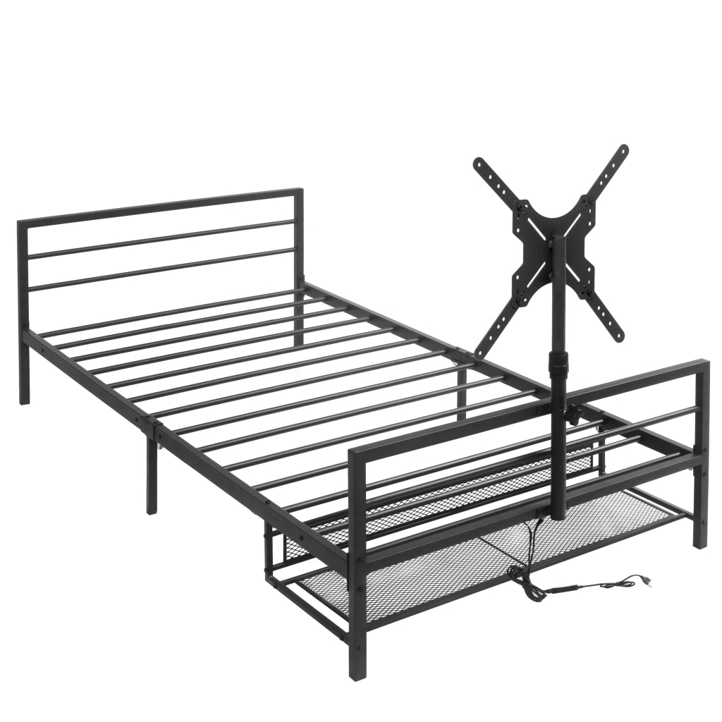 Letto gaming in metallo nero con supporto regolabile, luci LED e cestino contenitore sotto il letto