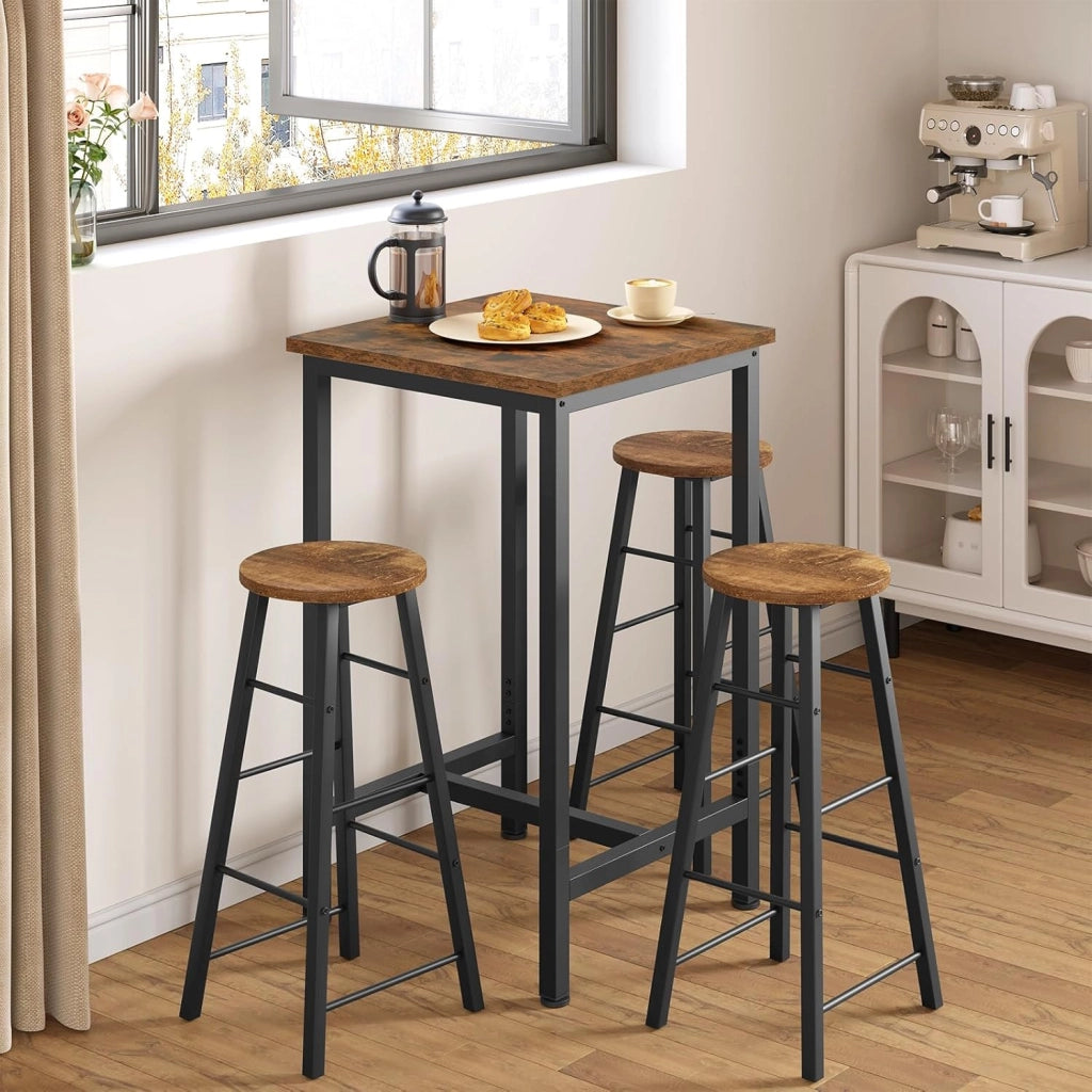 Set Mobili da Bar Tavolo con 2 Sgabelli Alti Arredo per Cucina in Acciaio Legno, Tavolo Cucina 60 x 60 x 100 cm, Marrone rustico + Nero