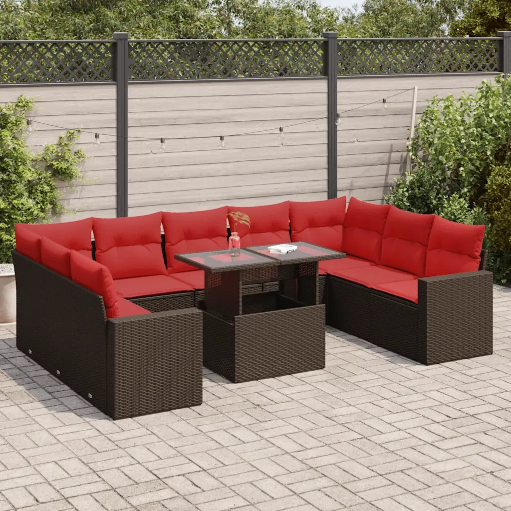 Set Divani Giardino 10 pz con Cuscini Polyrattan Marrone Acacia 3326385