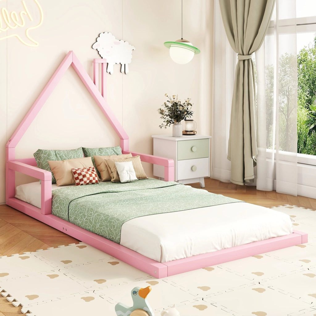 Letto per bambini a casetta 90x200 cm in pino massello e MDF; rosa