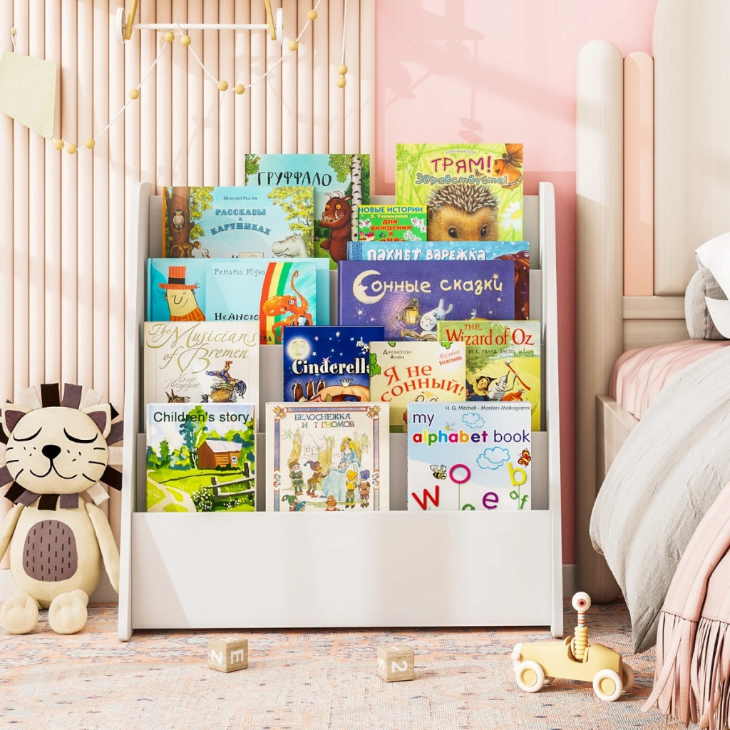 Libreria per bambini a 4 ripiani con scomparti profondi, Libreria con esposizione frontale e porta riviste per camere e sale Bianco