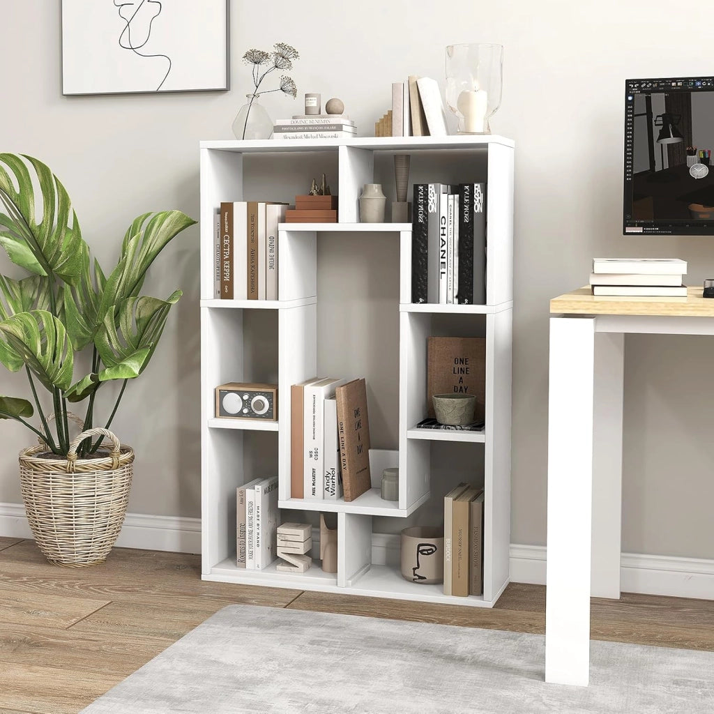 Scaffale per libreria, divisorio in legno, con 7 scomparti, 60 x 20 x 90 cm, per soggiorno, studio e camera da letto (bianco)