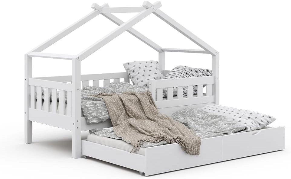 Letto montessori bambini Design, Bianco, 80x160 cm con letto per ospiti, adatto come area giochi e zona notte per bambini