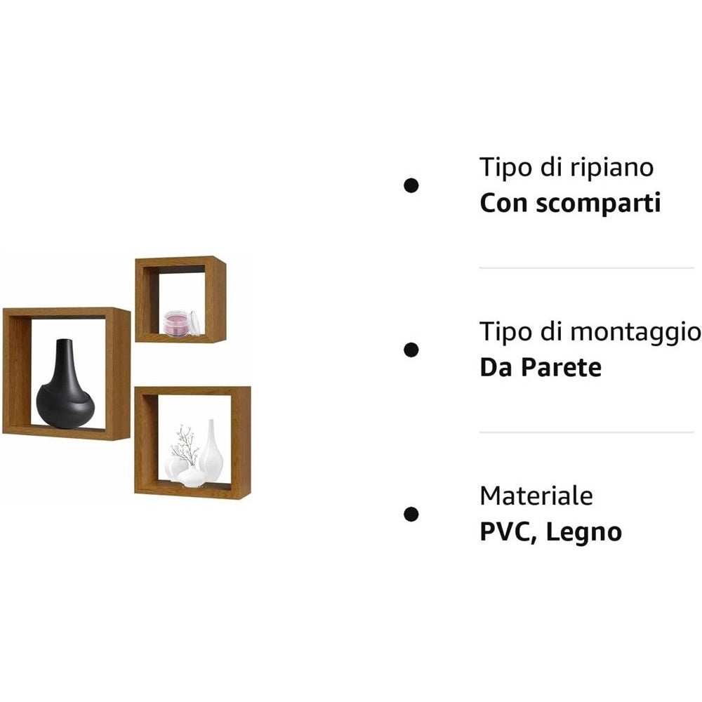 Trade Shop - Set 3pz Mensole Da Parete A Cubo Moderne Design Quadrato Effetto Legno 2 Ripiani -