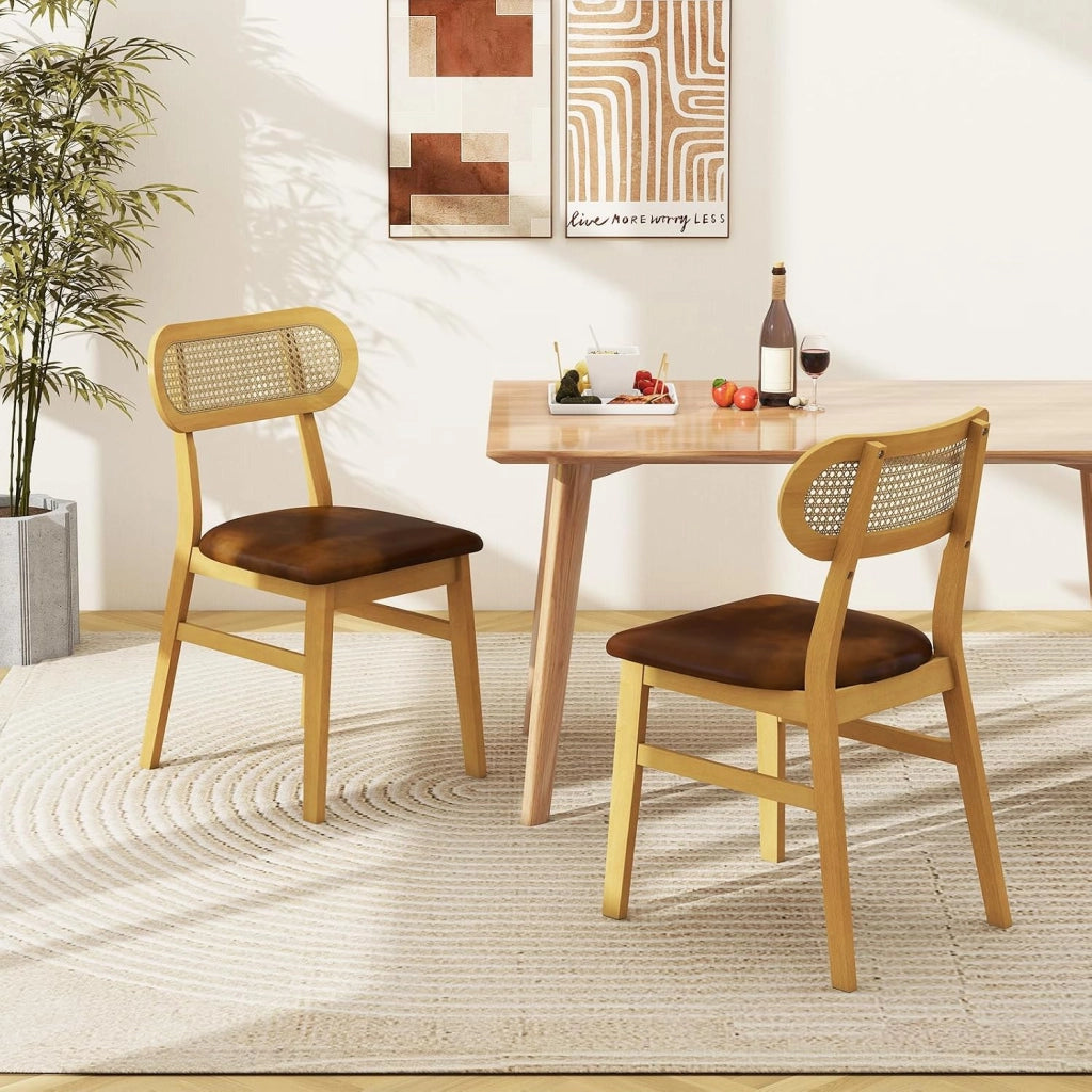 Set 2 Sedie Sala da Pranzo 49 x 48 x 79cm, Sedie da Cucina Moderno con Schienale Ergonomico in Rattan e Seduta in Pelle, Capacità di Carico 180 kg, per Soggiorno e Salotto (Marrone)