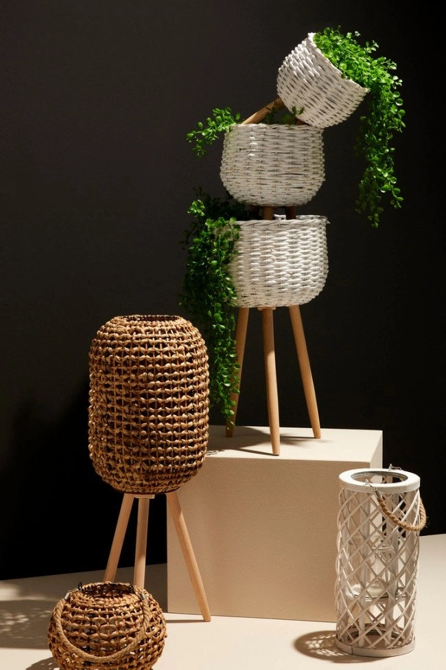 Set 2 Lanterne Treppiede in Rattan Marrone Boho da Interno - ALEXANDER