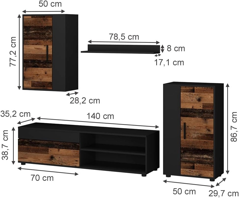 Parete attrezzata Berno, Rovere rustico, Set di 4 pezzi, adatto per la conservazione di dispositivi multimediali e accessori