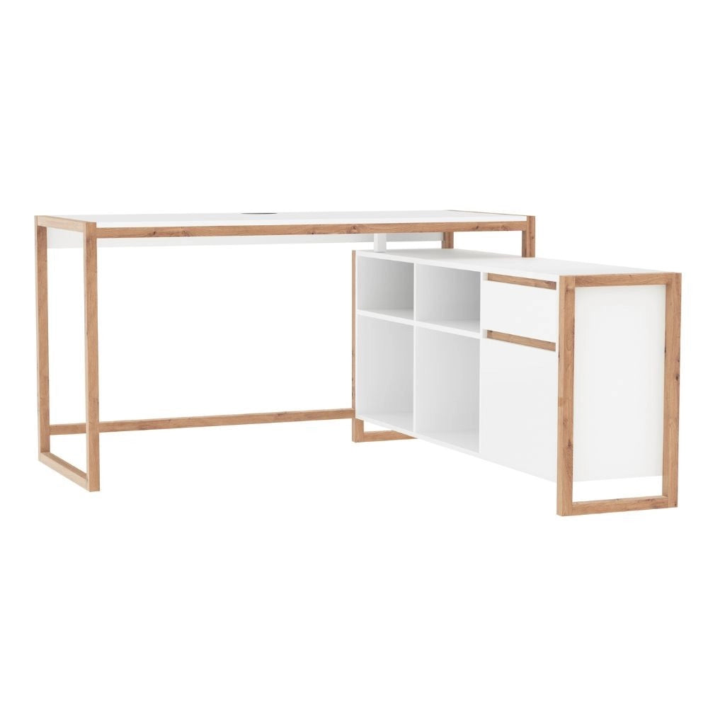 Scrivania angolare New Denver37A reversibile con 1 cassetto 1 anta e 4 ripiani in bianco e rovere