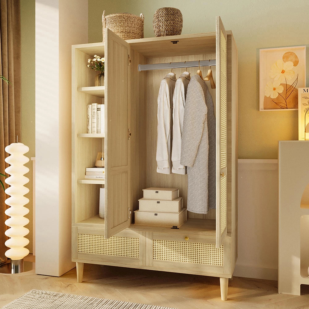Armadio guardaroba con 2 ante e intreccio in rattan - Xylo - Stile cottage aspetto quercia, 2 cassetti, antiribaltamento, 180x120x50 cm