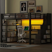Letto a soppalco in metallo con scala, scrivania, USB e LED, 140x200 cm, nero