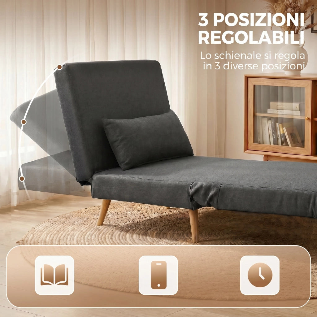 Poltrona Letto Singola 3 in 1 con Schienale Regolabile in 3 Livelli e Cuscino in Tessuto Effetto Lino Grigio